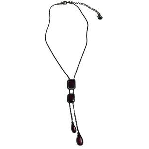 1980s Red Enamel Square Y Style Tear Drop Dangling Statement Silver Necklace